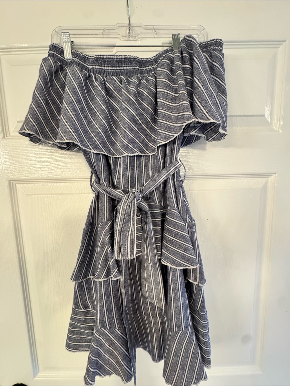 LUSH Striped Off-Shoulder Blue Dress with Tie Waist